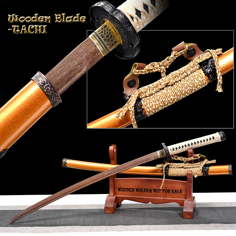 Quality Wooden Sword, Iaito Training Sword,  Japanese Tachi, Katana sword, Stage Props, Wood Blade, Gold Saya,Metal Fittings