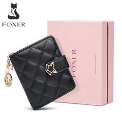 FOXER Brand Women Split Leather Short Wallet High Quality Multi-function Card Holder Girl's Fashion Plaid Zipper Mini Coin Purse