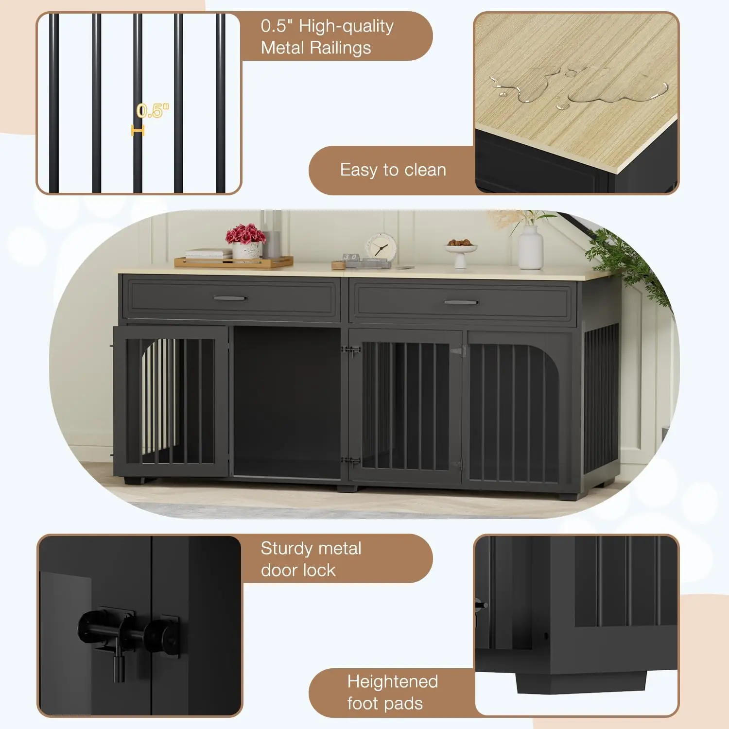 أثاث على شكل كلب مقاس 74.8 بوصة، صندوق كلب خشبي مع درجين ومقسم قابل للإزالة، حامل تلفزيون داخلي لبان الكلاب شديد التحمل