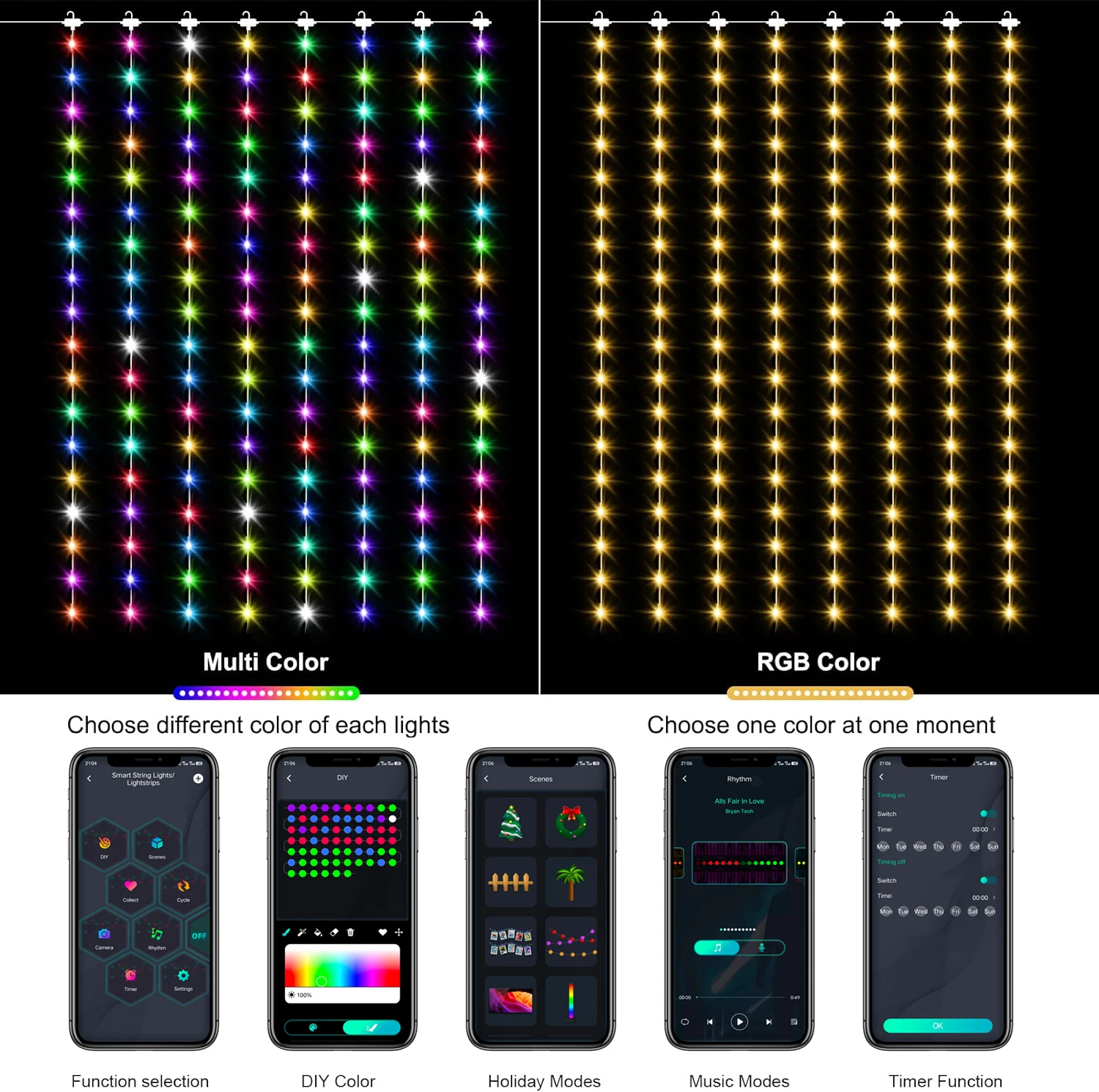 Imagem -03 - Bluetooth Rgb Curtain Led String Lights Fairy Lights Guirlanda para Jardim Doméstico Decoração de Festa de Casamento Smart App Control 200 Leds