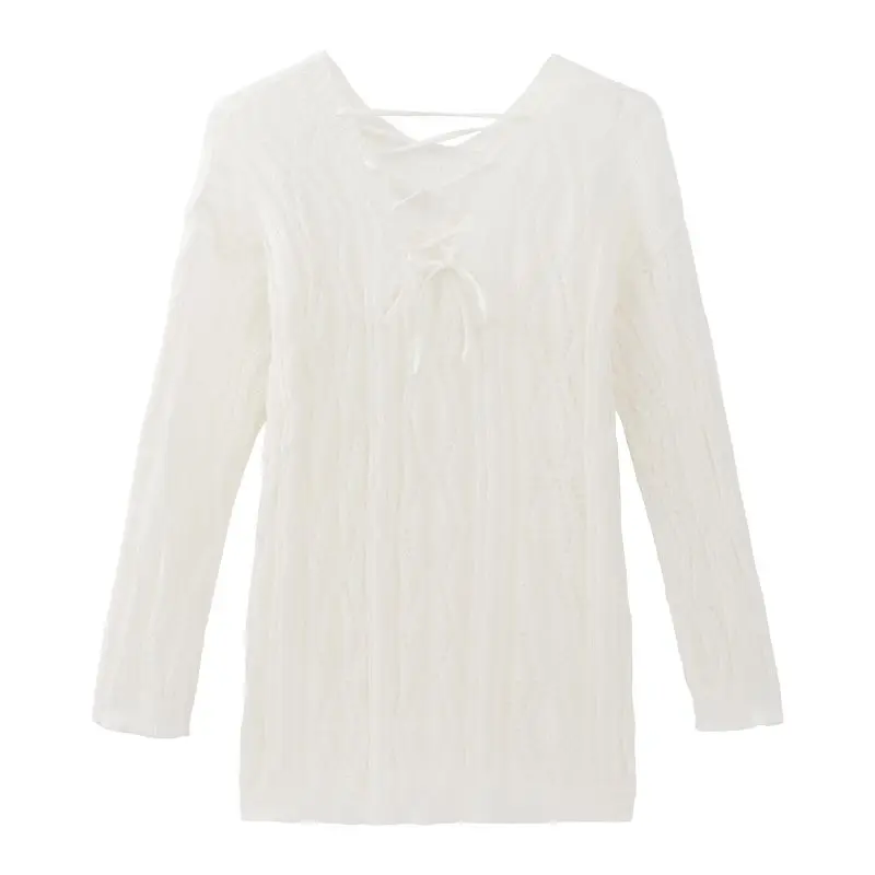 Juspinice White Lazy Style Hollow Strap Sweater Women in Spring and Summer V-neck Long Sleeve Loose Casual Fashionable Smock Top