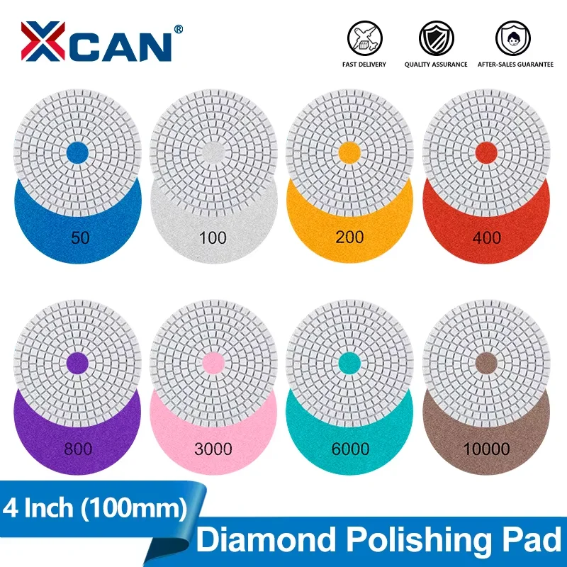 XCAN 4 Zoll Diamant-Polierpads mit Körnung 50–10.000, 100 mm Nass-/Trocken-Schleifscheiben für Granit, Stein, Beton, Marmor