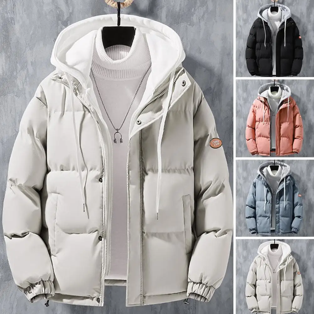 

Men Zippered Coat Windproof Hooded Coat with Zipper Placket Pockets for Men Thickened Cotton Outwear for Autumn Winter Male