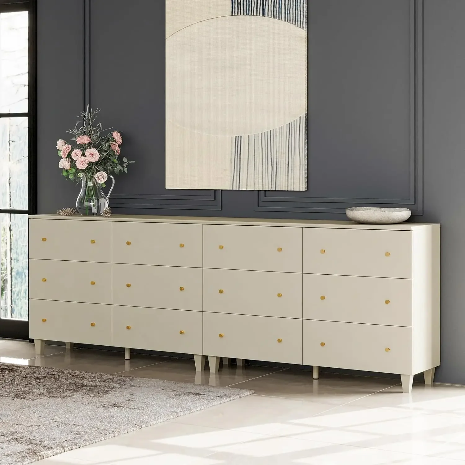 

Dresser Chest for Bedroom, Modern Beige Wood Closet Storage Organizer Furniture with Gold Knobs & Solid Legs for Living Room