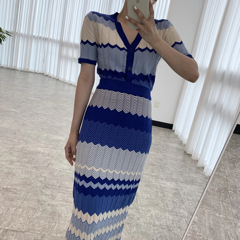 

Шикарный вязаный топ в стиле ретро V-Ne Color Blo Wave Pattern ort Sve с высокой талией, облегающая юбка, модный весенний комплект