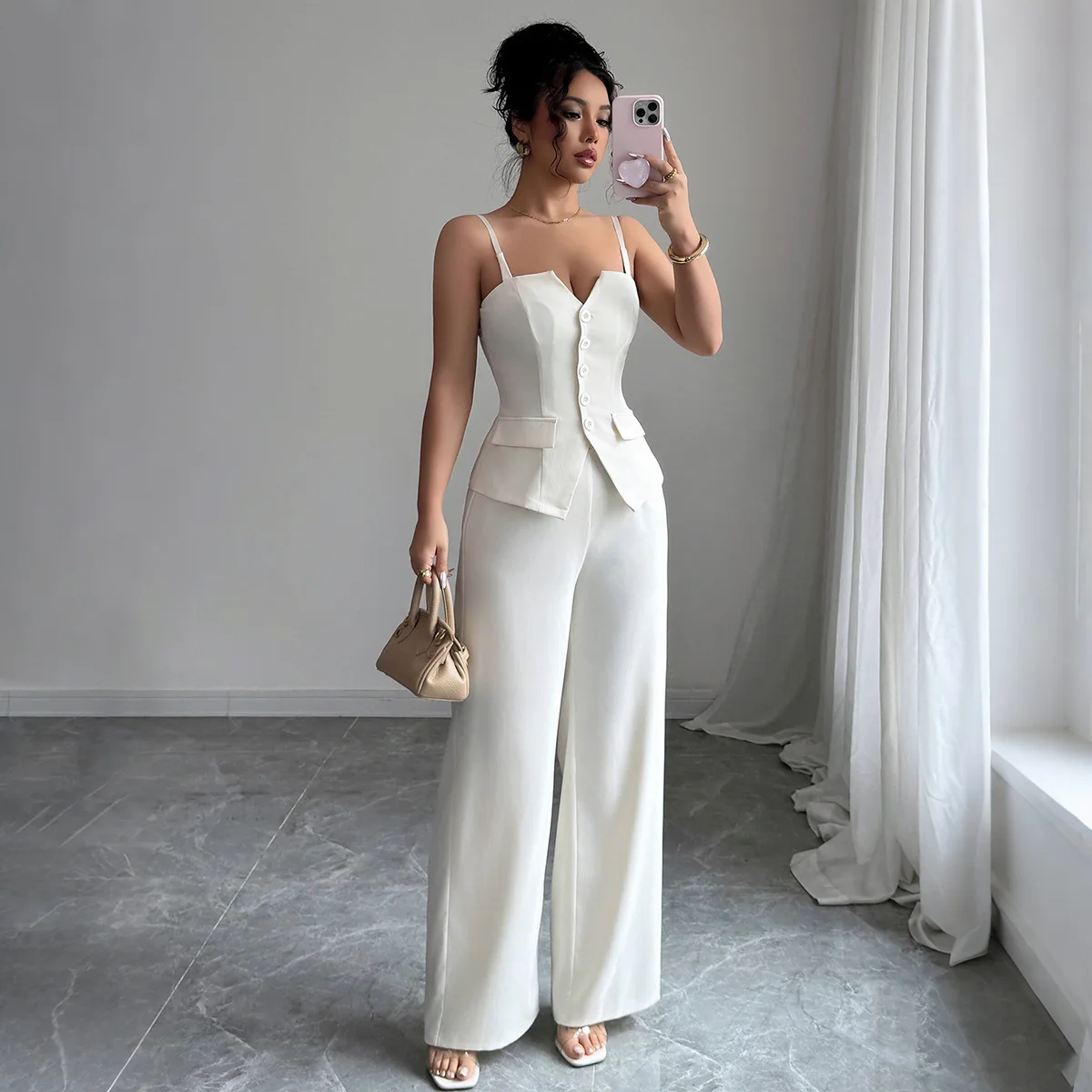 

Two Piece Sets Women Pant Set Strapless Sleeveless Sexy Sling Vest Tops Wide Leg Long Pants High Waist Y2k Streetwear Elegant