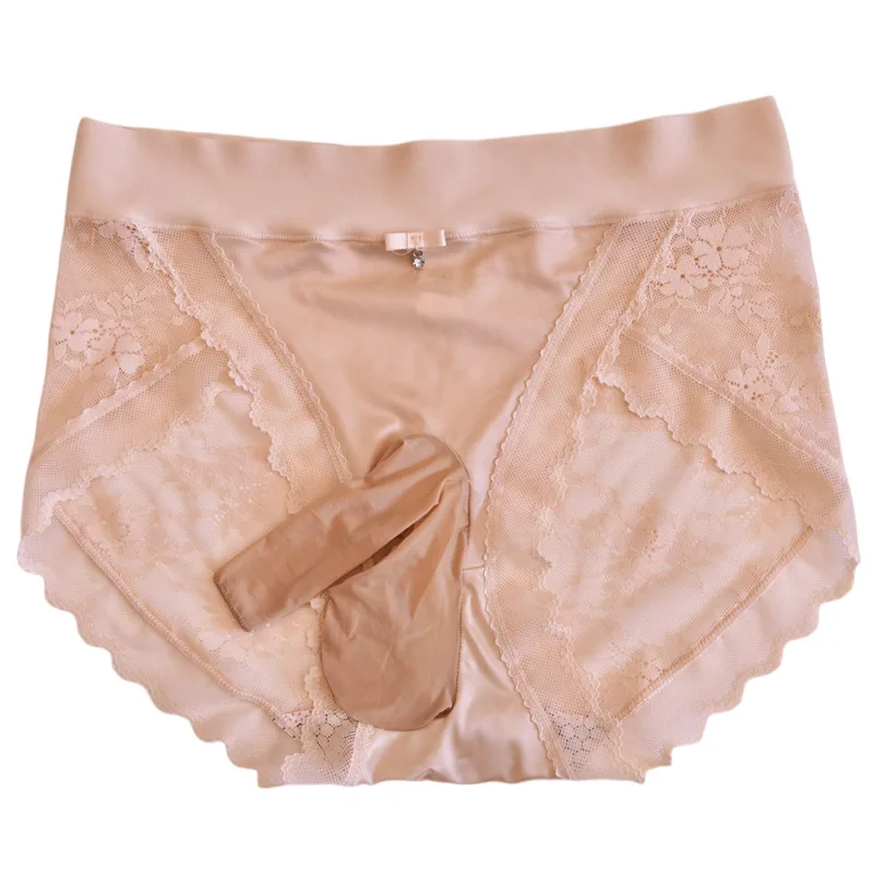 Silky Men's Panties Lace Satin Erotic Underwear Soft Ultra Thin Briefs Sissy Feminization Lingerie Back Transparent Underpants