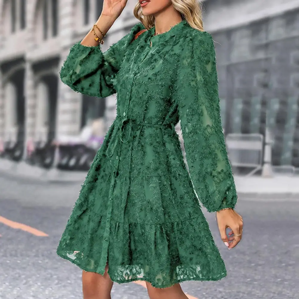 

Solid Color Lace Dress Elegant Lace Midi Dress for Women with Long Sleeves Slim Waist for Fall Spring Parties Dates Round Neck