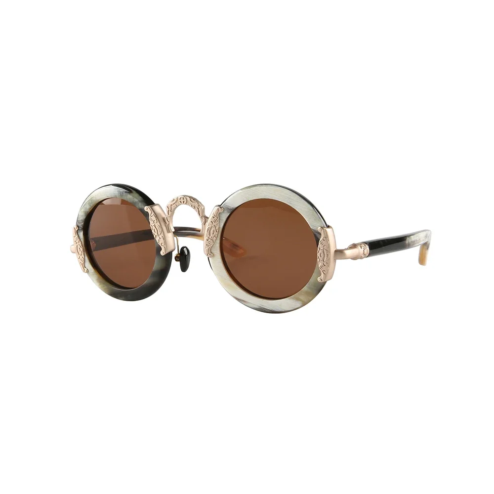 Women Sunglasses Copper Metal Brand Designer Retro Vintage Polarized Handmade Natural Horn Luxury Fashion Sunglass Round Glasses