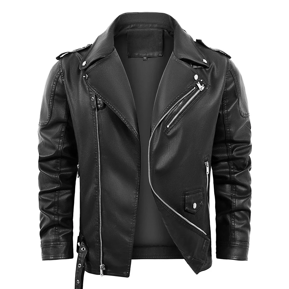 Punk motorcycle PU leather jacket, leather belt,  Chain pull  men's autumn and winter hip-hop jacket, windproof leather jacke
