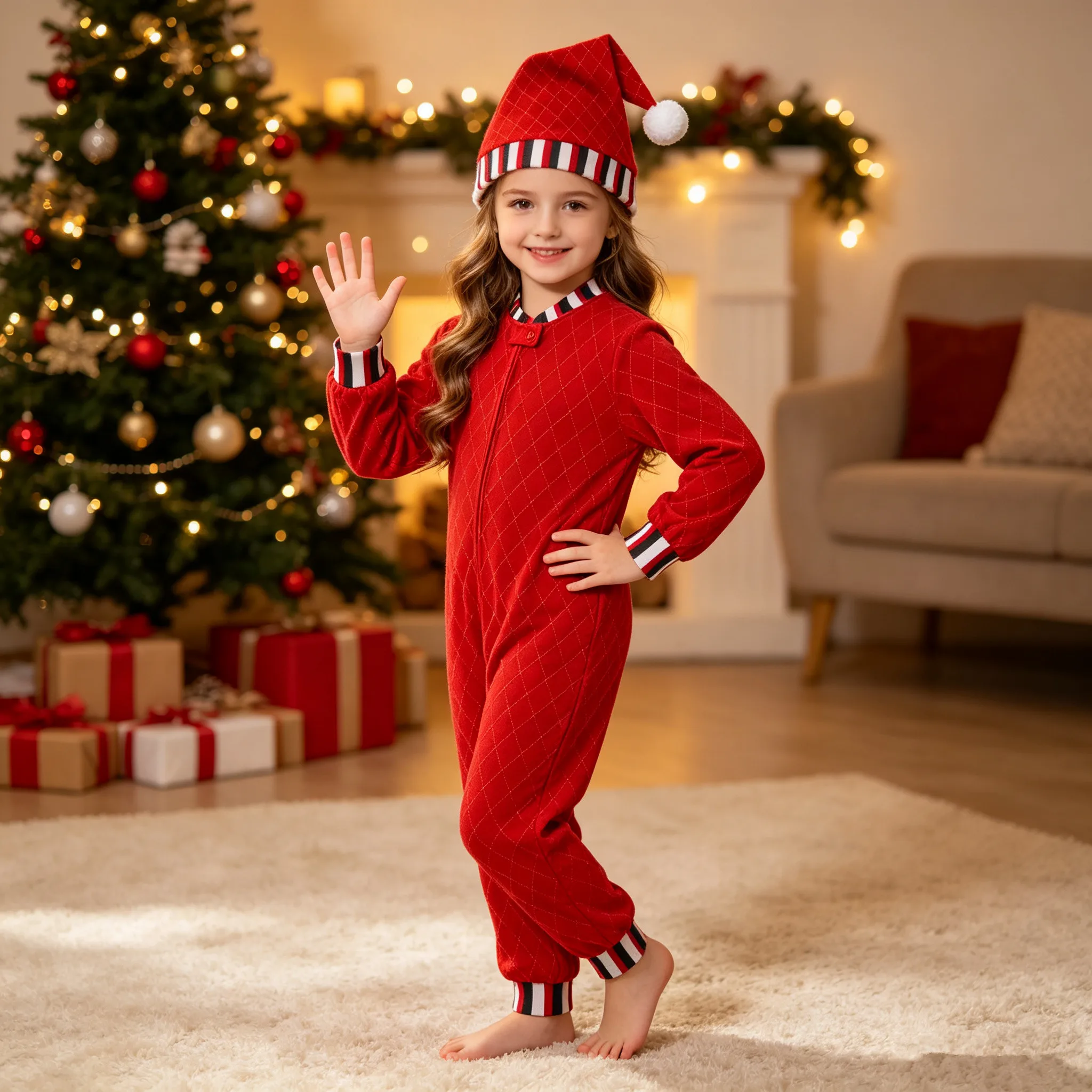 キッズガールズ-ラインストーンジッパー-ベルベット-クリスマスダンスジャンプスーツ-帽子付き-クリスマステーマパーティー-カーニバル-サンタクロース-エルフ-ドレスアップコスチューム