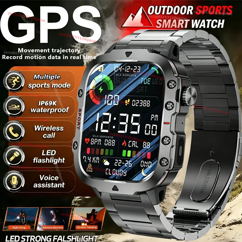 2026 New Military-grade Smart Watch Men GPS Flashlight 3ATM Waterproof Watch Bluetooth Call 100+Sport Outdoor Smartwatch Pk MA27