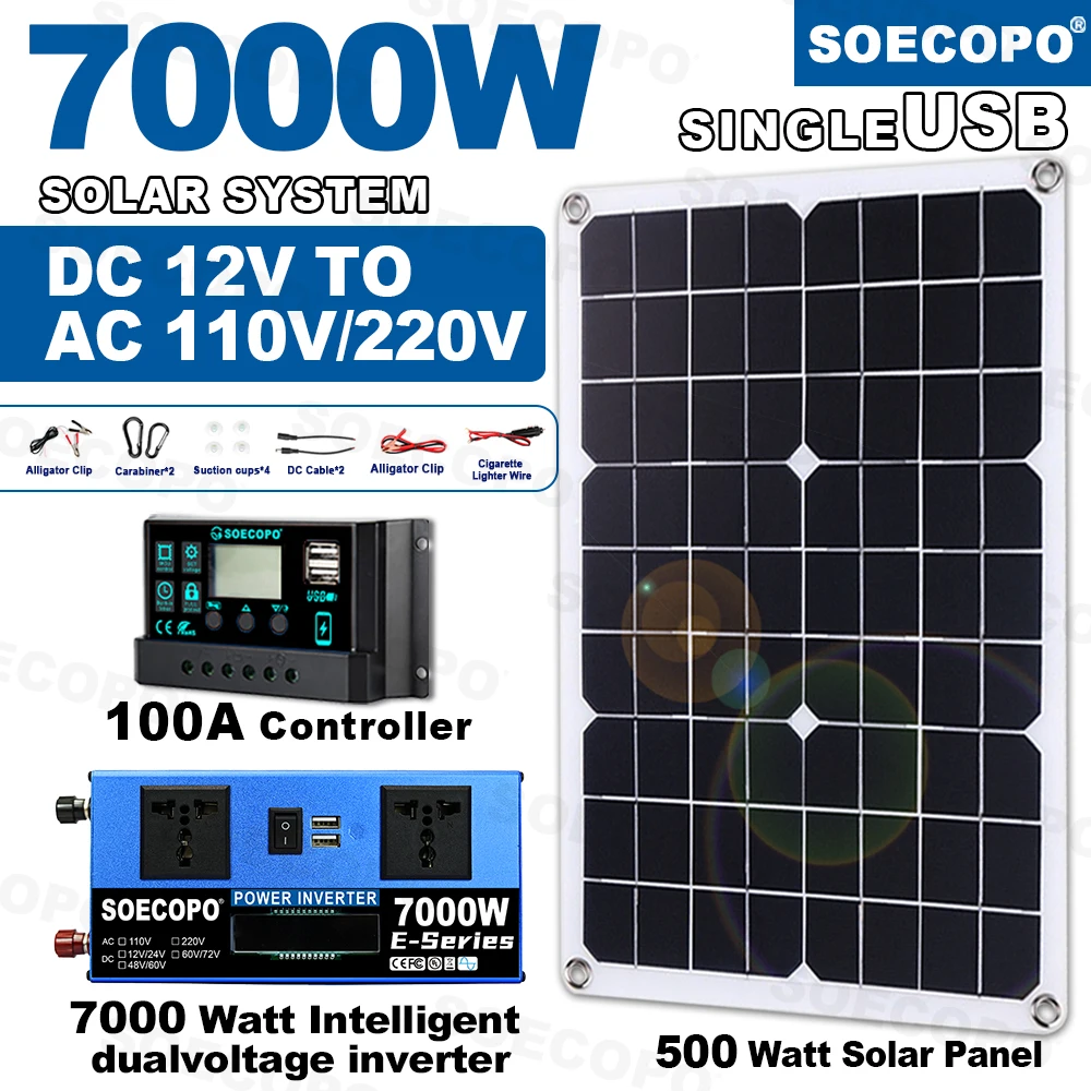 

SOECOPO 7000W Solar Power System Complete Kit 500W Panels 12V/24V Dual Voltage with LCD Inverter 100A Controller Home Camping