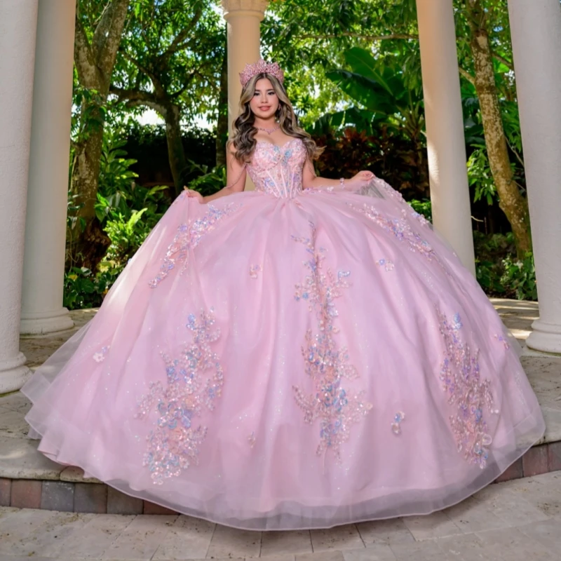 

Pink Shiny Quinceanera Dresses Ball Gown Off Shoulder Applique Lace Beading Crystal Bow Tull Birthday Payty Sweet 16 Dress Vesti