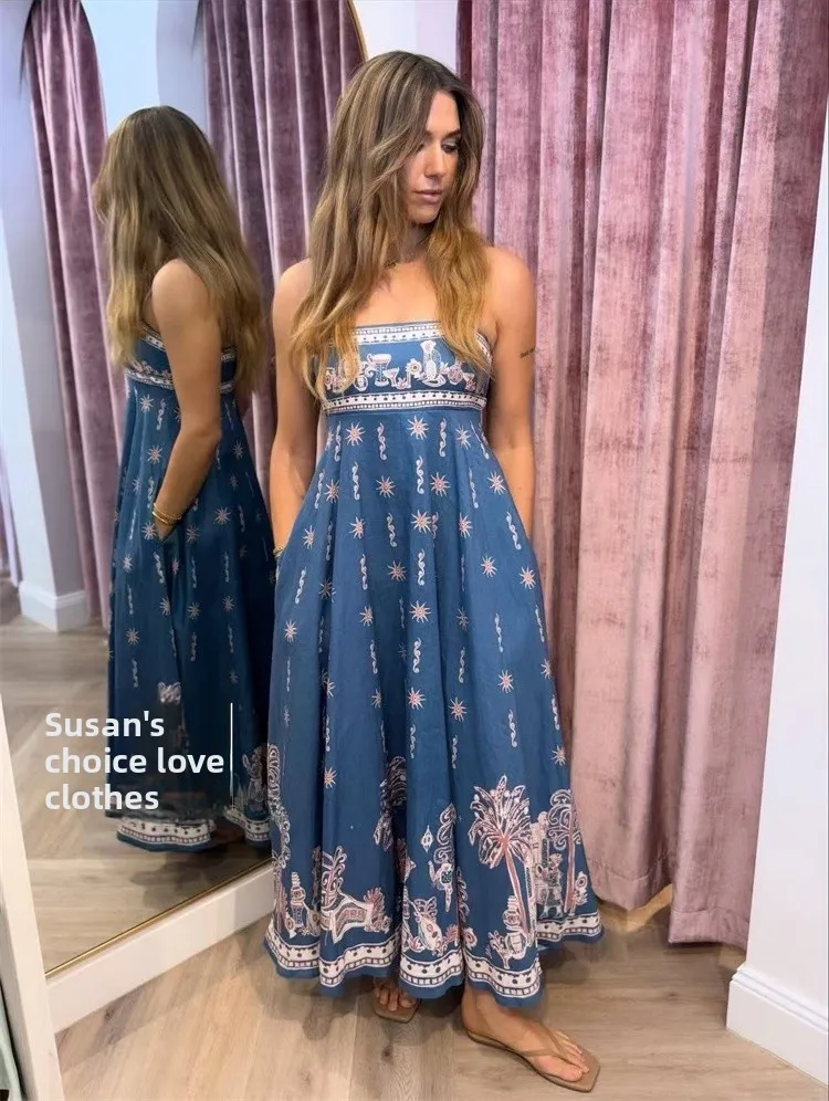 Susan Australian Small ence Linen Vaion Sle New Strapl Blue Floral Print Maxi Dr Women's Summer Svel Dr