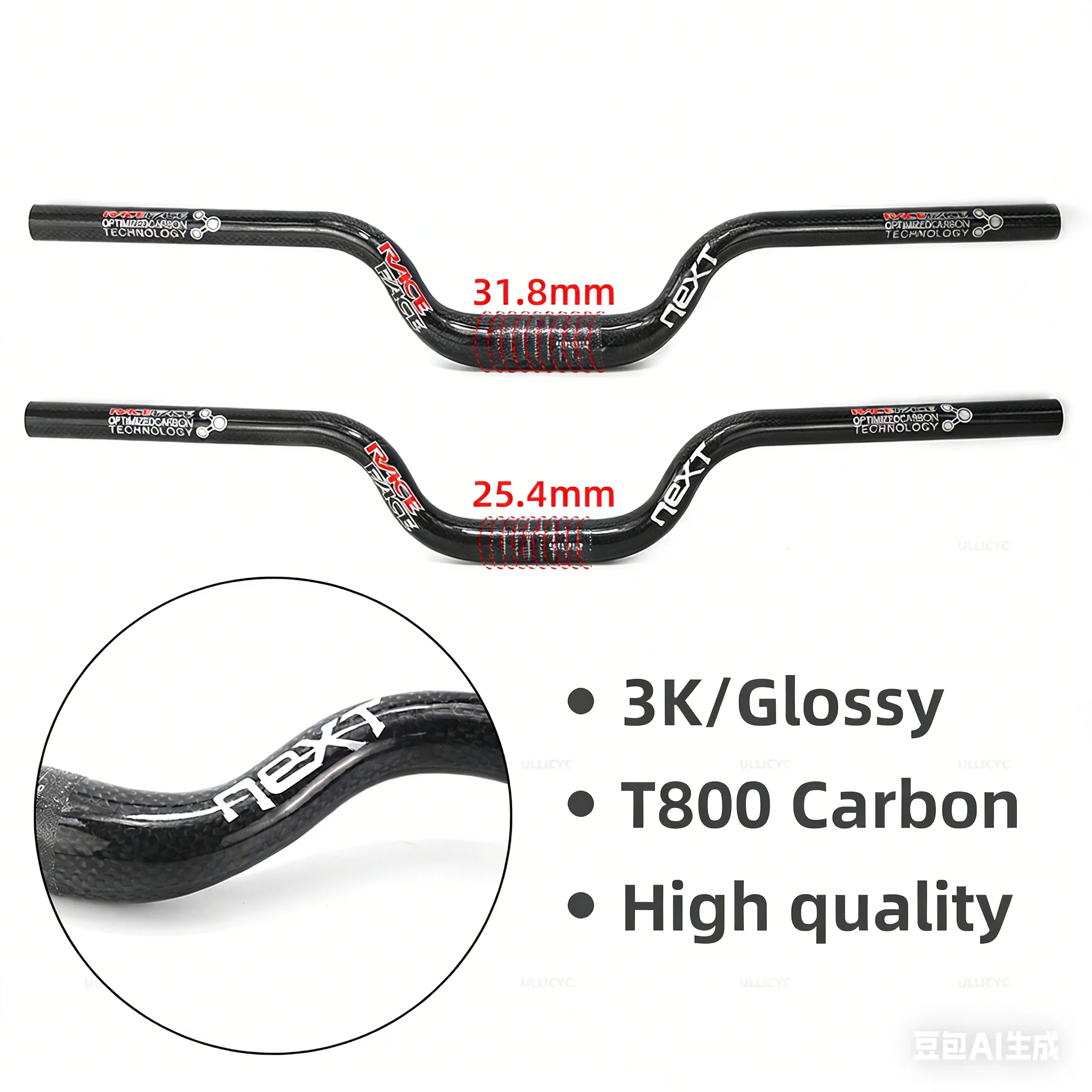 

Carbon Riser Handlebar for MTB and BMX, Gloss Handlebar, NEXT Race Face, 31.8mm, 25.4mm Diameter, 560mm to 700mm Diameter
