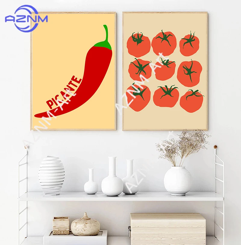 Chili Pepper Tomato Breakfast Illustration Good Things Happen Over Coffee Art Poster Canvas Painting Print Wall Kitchen Decor