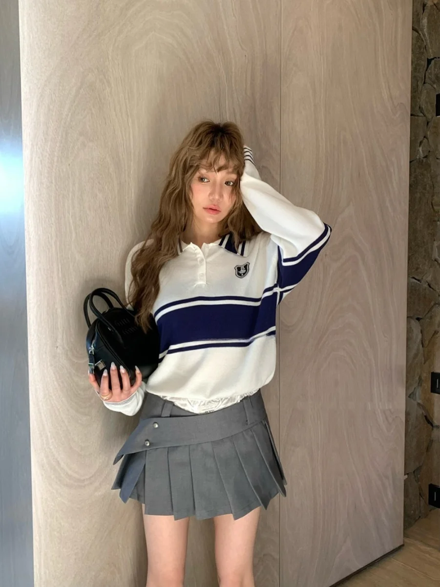 

Casual Stripe Knitwear Collar Long Sve Women's Spring Summer Versatile Color Blo Slim Fit Top Polyester Fiber