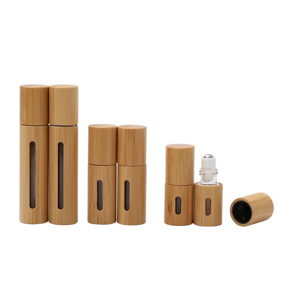 Wholesale 100Pcs 3/5/10/15ml Empty Bamboo Shell Glass Inner Cosmetique Oil Roller Bottle for Essential Perfume Eye Massage Oils