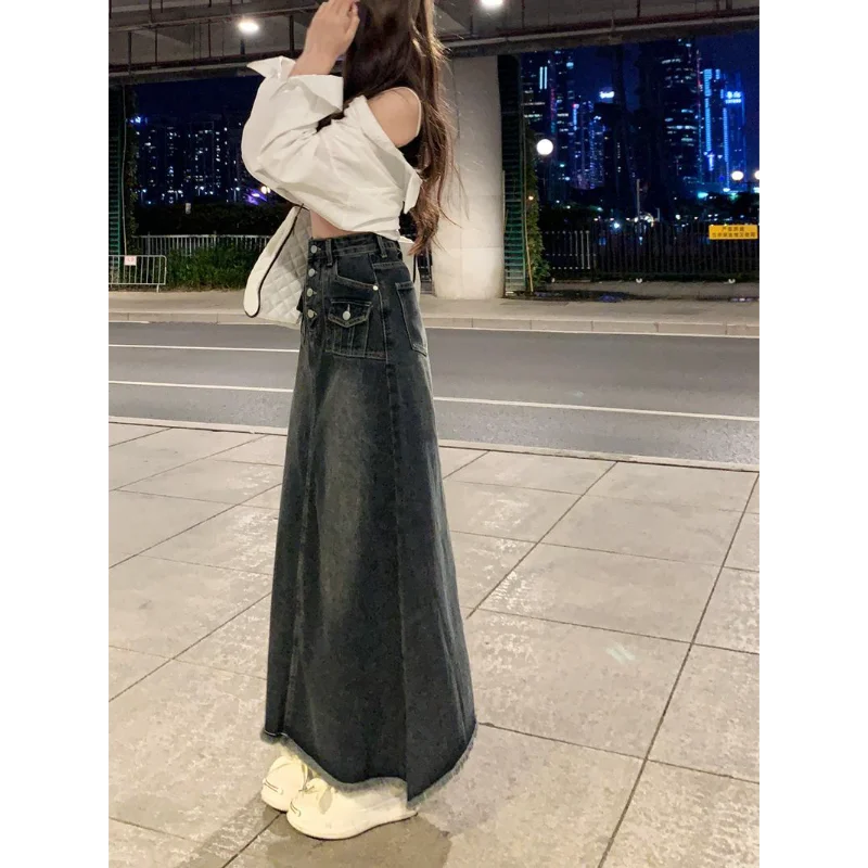 تنورة نسائية عالية الخصر من قماش الدنيم ميدي بتصميم جديد للخريف والشتاء، تنورة طويلة مغسولة بتصميم عتيق #5