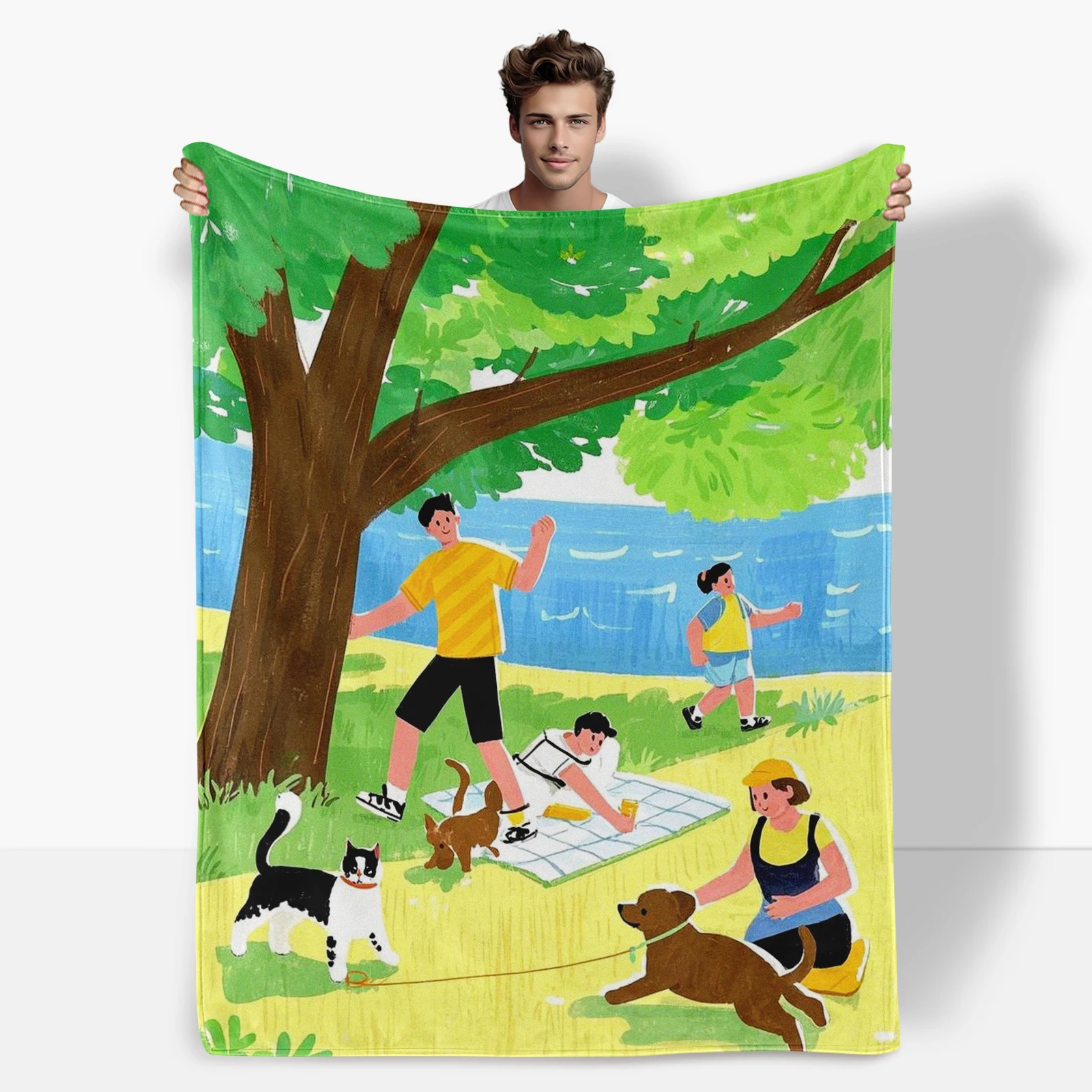 Cartoon People And Dogs Playing On The Grass Blanket Perfect Gift For Loved Ones Brings Joy And Laughter