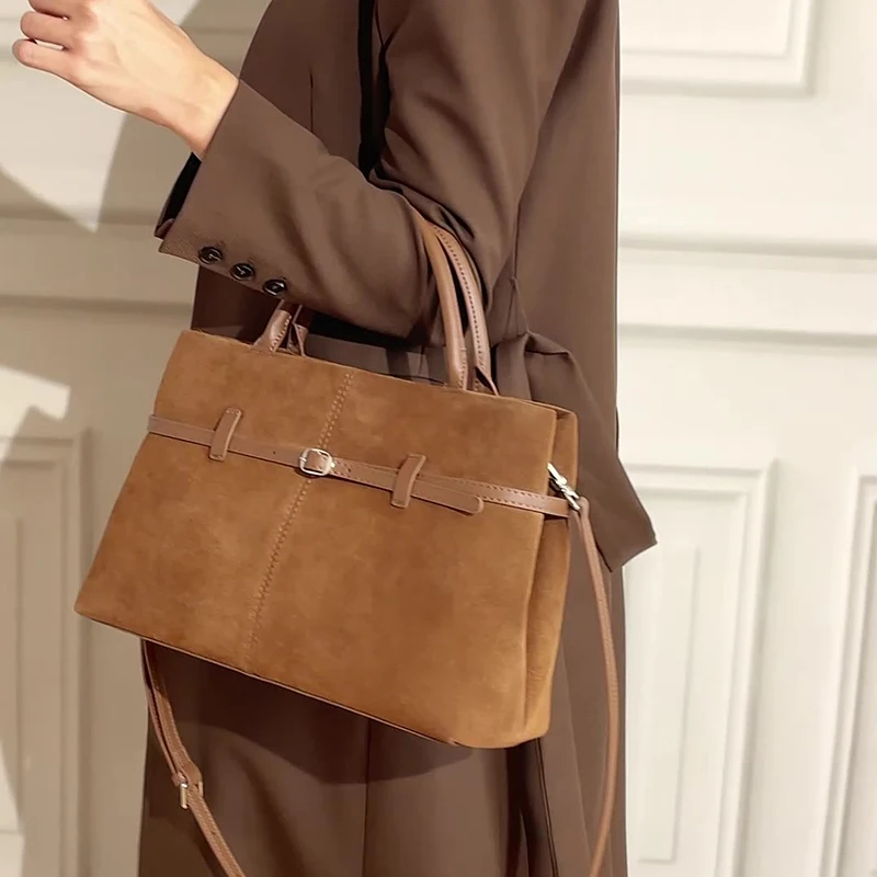 Oversized Suede Leather Briefcase Spacious Handheld Shoulder Crossbody Bag Women Slouchy Commuting Premium Light Luxury Handbag