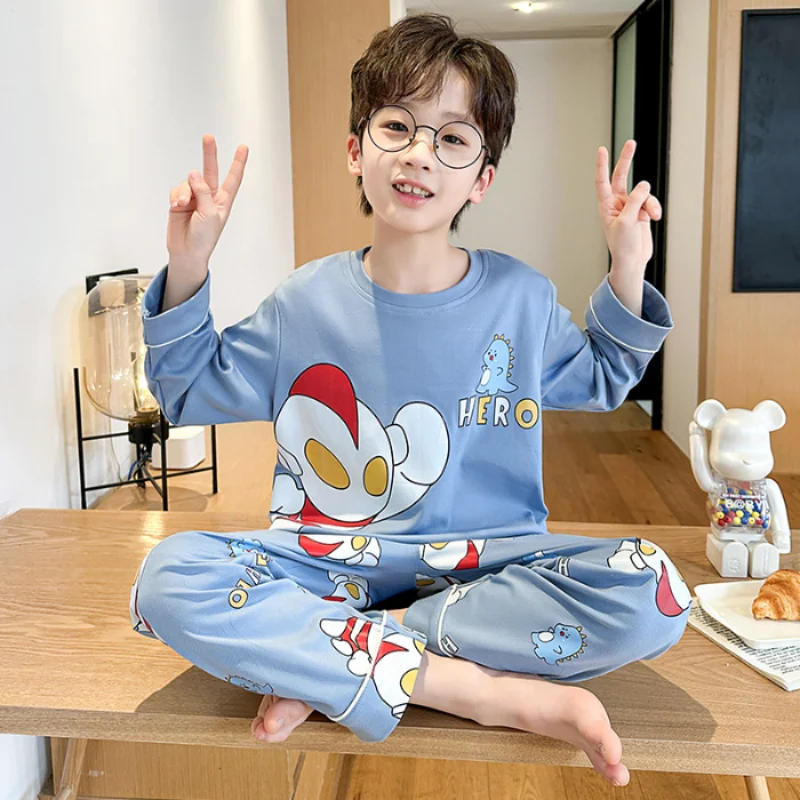 Ultraman Superman spring and autumn cartoon flip round neck pullover boys pajamas new long-sleeved cotton thin loungewear set