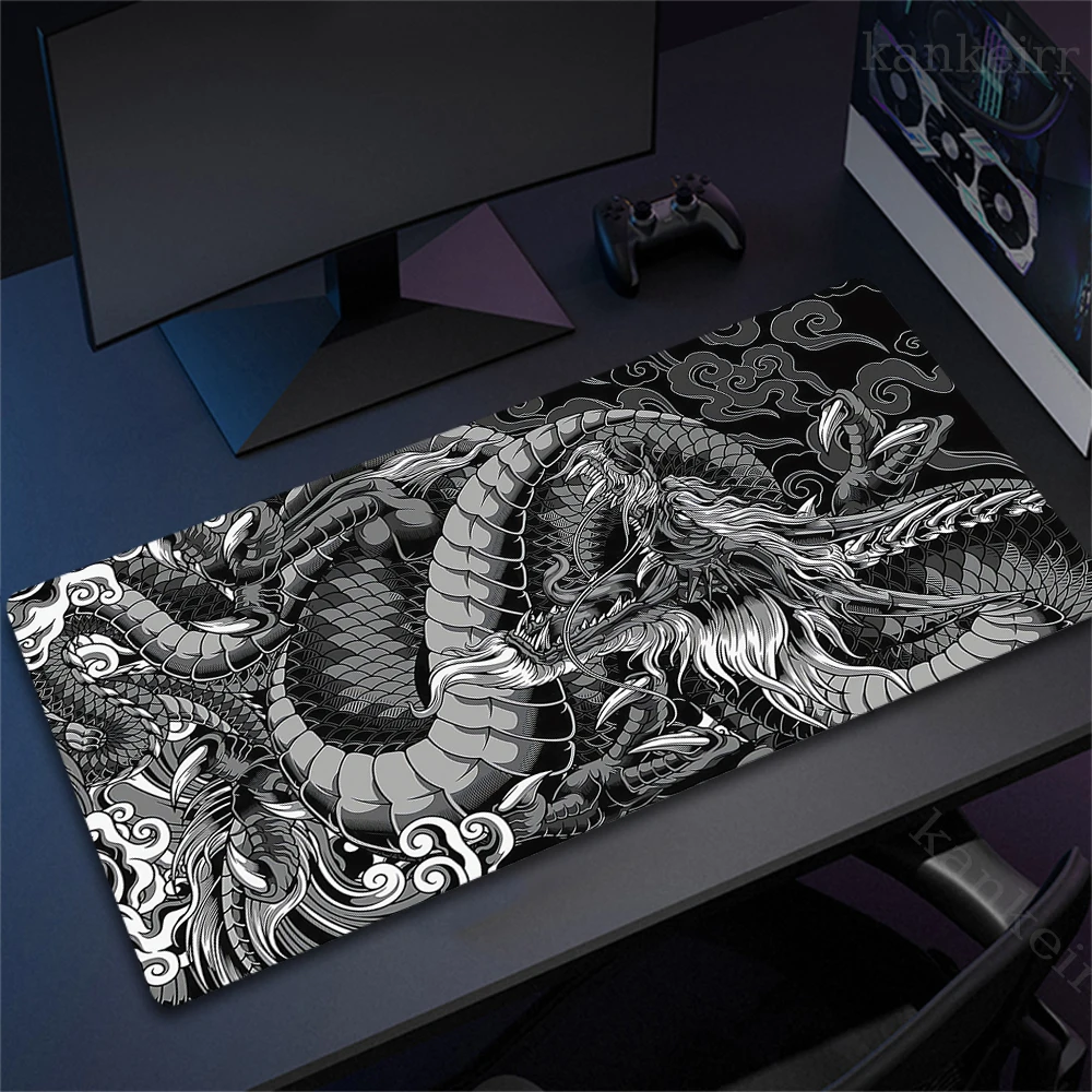 Schwarz-weißes Drachen-Mauspad, große Gaming-Mauspads, Computer-Mauspad, 90 x 40 cm, Schreibtischunterlage für PC-Tastaturmatten, Tisch