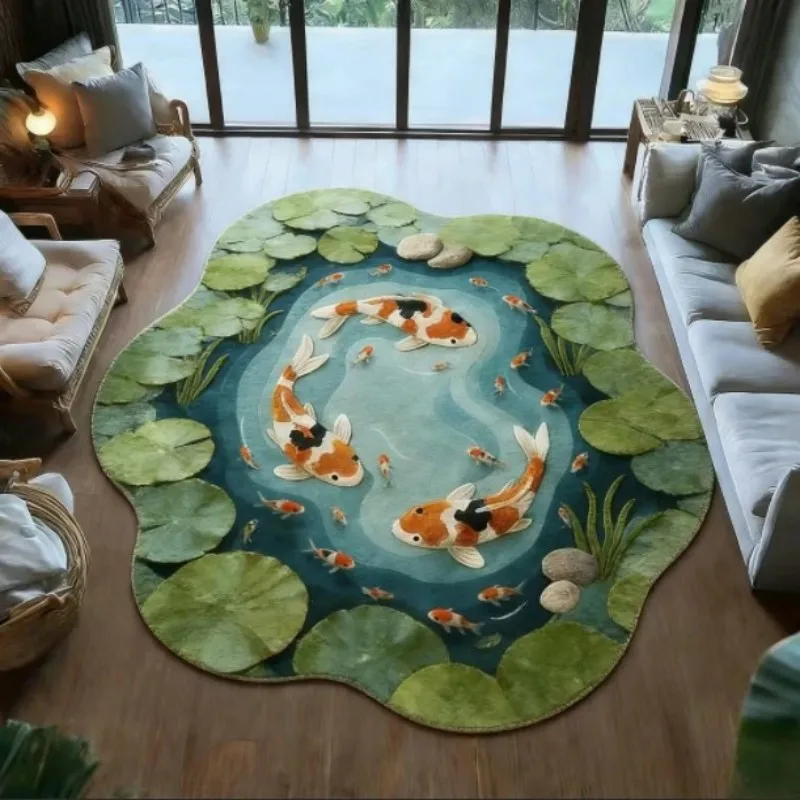 VIKAMA Koi Fish Pond Irregular Round Area Rug, Non-Slip Zen Floor Carpet for Living Room Home Decor