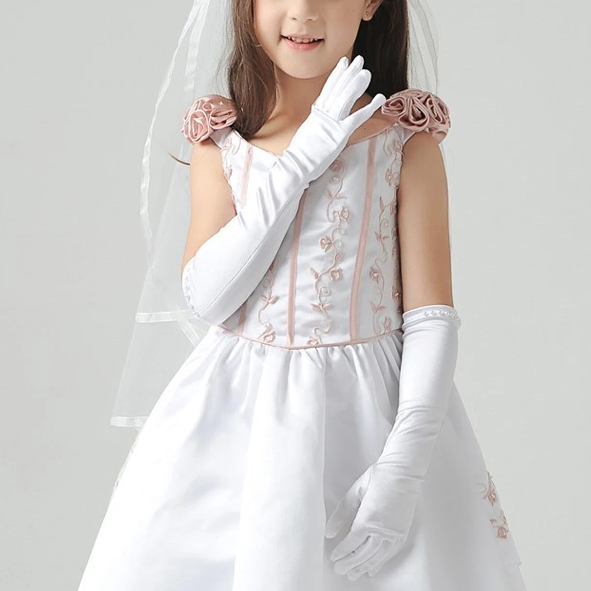

1 Pair Wedding Flower Girl Gloves Long Satin Pearl Decor Dress Gloves for Wedding Evening Party - Size (White)