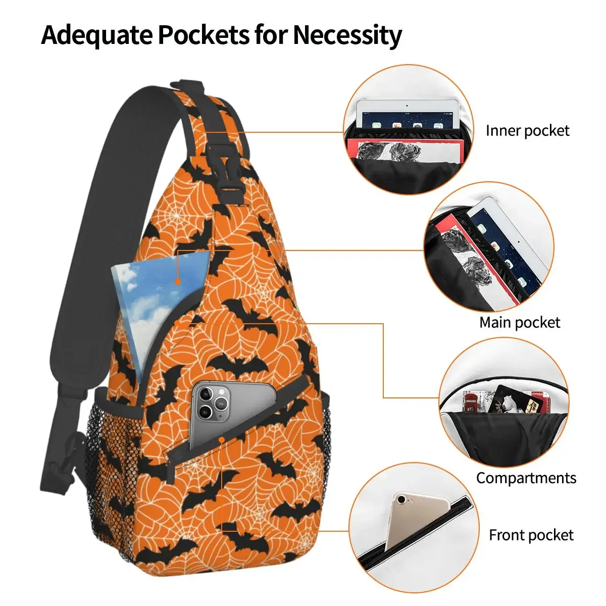 Bats With Web Crossbody Chest Bags Halloween Pockets Travel Pack Messenger Sports Teens Shoulder Bag Unisex