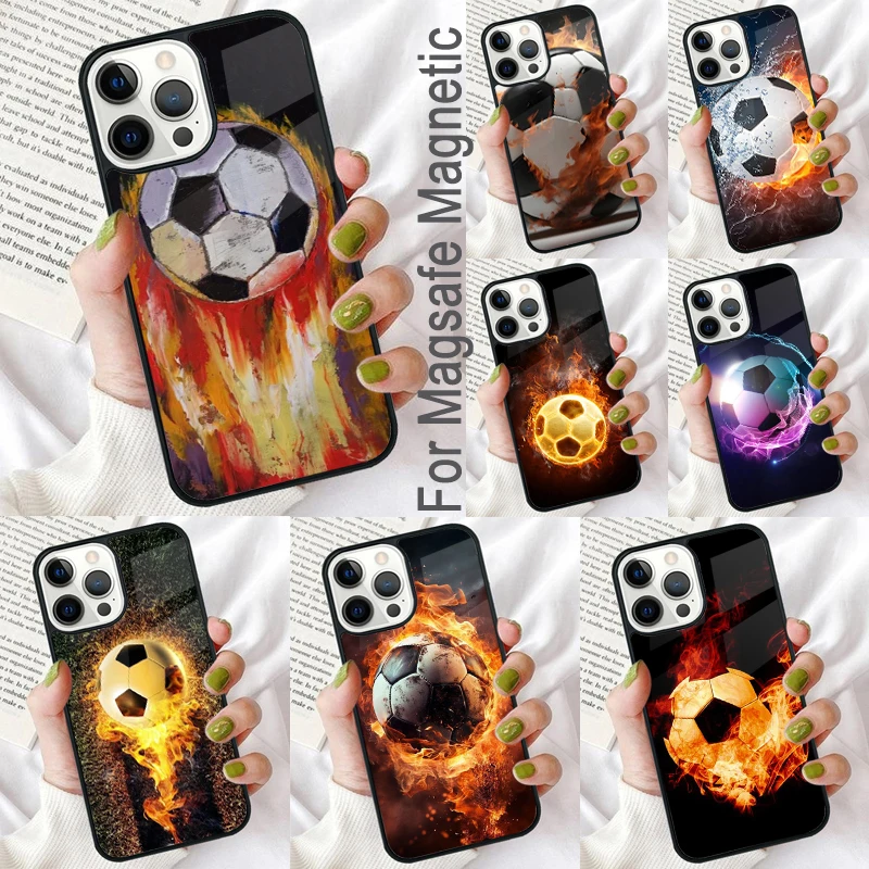 Fire Football Soccer Ball Magnetic Soft Phone Case for iPhone 16 Promax 15 Pro 13 14 Plus 11 12 Mini MagSafe Coque