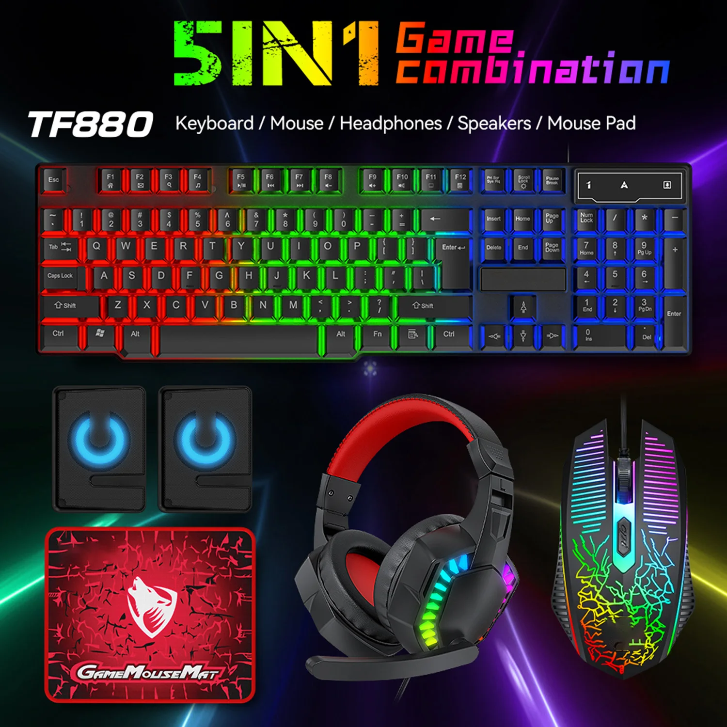 

2025 NEW HOT 5 In 1 Kit Mechanical Gaming Keyboard Speaker RGB Keyboard Gaming Earphones Mouse Gamer Combo USB Wired Esport