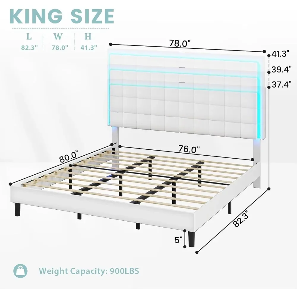 King Bed Frame with Headboard and LED Light, Vegan Leather Platform Bed King Size with Charging Statio,Upholstered Bed Frames