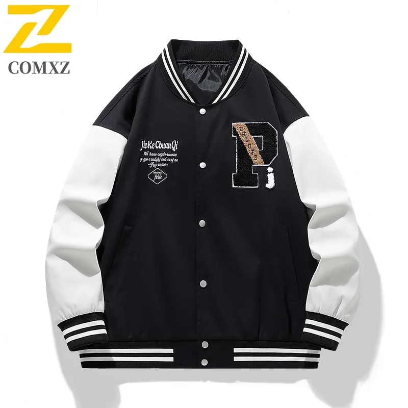 

Men Baseball Jacket Hip Hop Embroidery Unisex Contrast Color Loose Fit Streetwear Coat Autumn Outdoor Travel Casual Sportswear