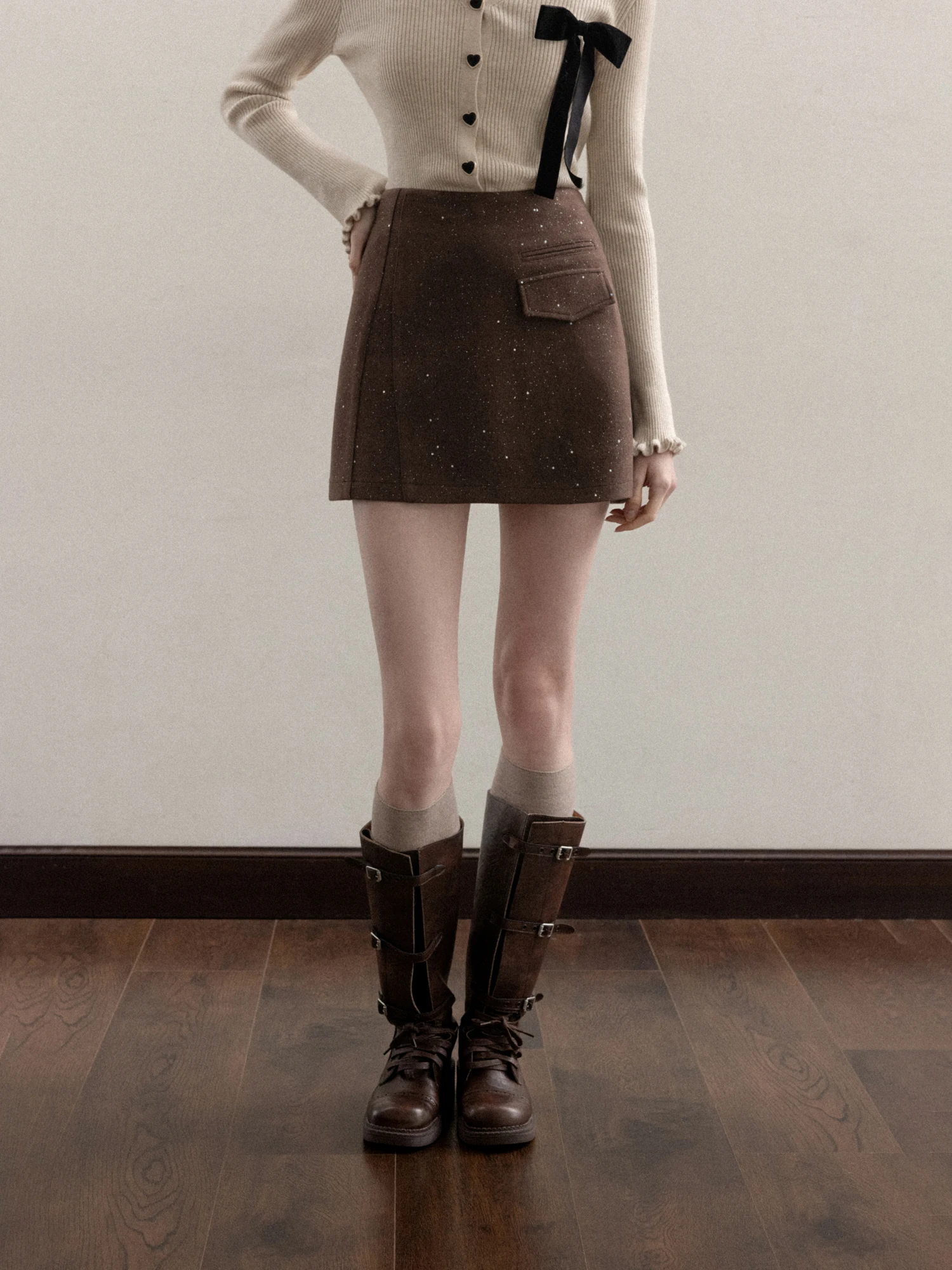 Hochgeschnittener A-Linien Wollrock Damen Herbst Winter Mode Paillettenröcke Lässige Atmungsaktive Polyester-Mischung Röcke