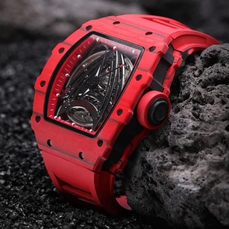 

CRONUSART Мужские автоматические часы 50 мм Tonneau Механические наручные часы Корпус из углеродного волокна Ремешок из фторкаучука Светящийся скелетонизированный циферблат