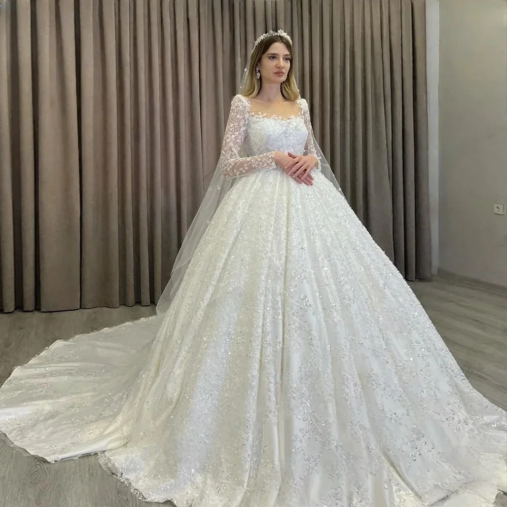 Vestidos de casamento femininos de luxo personalizados, apliques de renda brilhante, elegante, manga comprida, princesa, vestidos de noiva formais, festa de praia