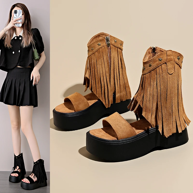 

2024 Chunky Heels Sandals Punk High-Top Tassels Shoes Women Open Toe Platform Wedge Heels Summer Sandale Femme