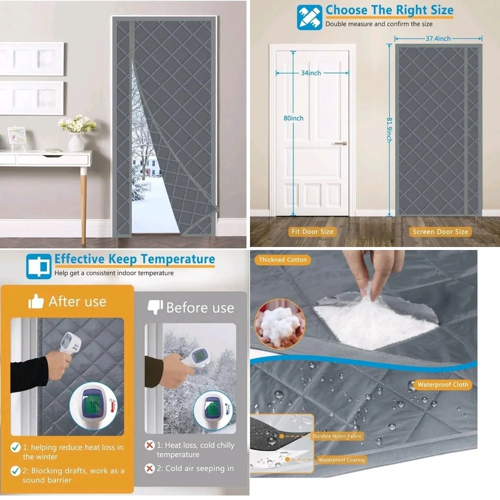 

Insulated Door Curtain Noise Cold Blocking Elegant Gray Design Thermal Energy Saving Home Decor Privacy Shield Draft Stopper