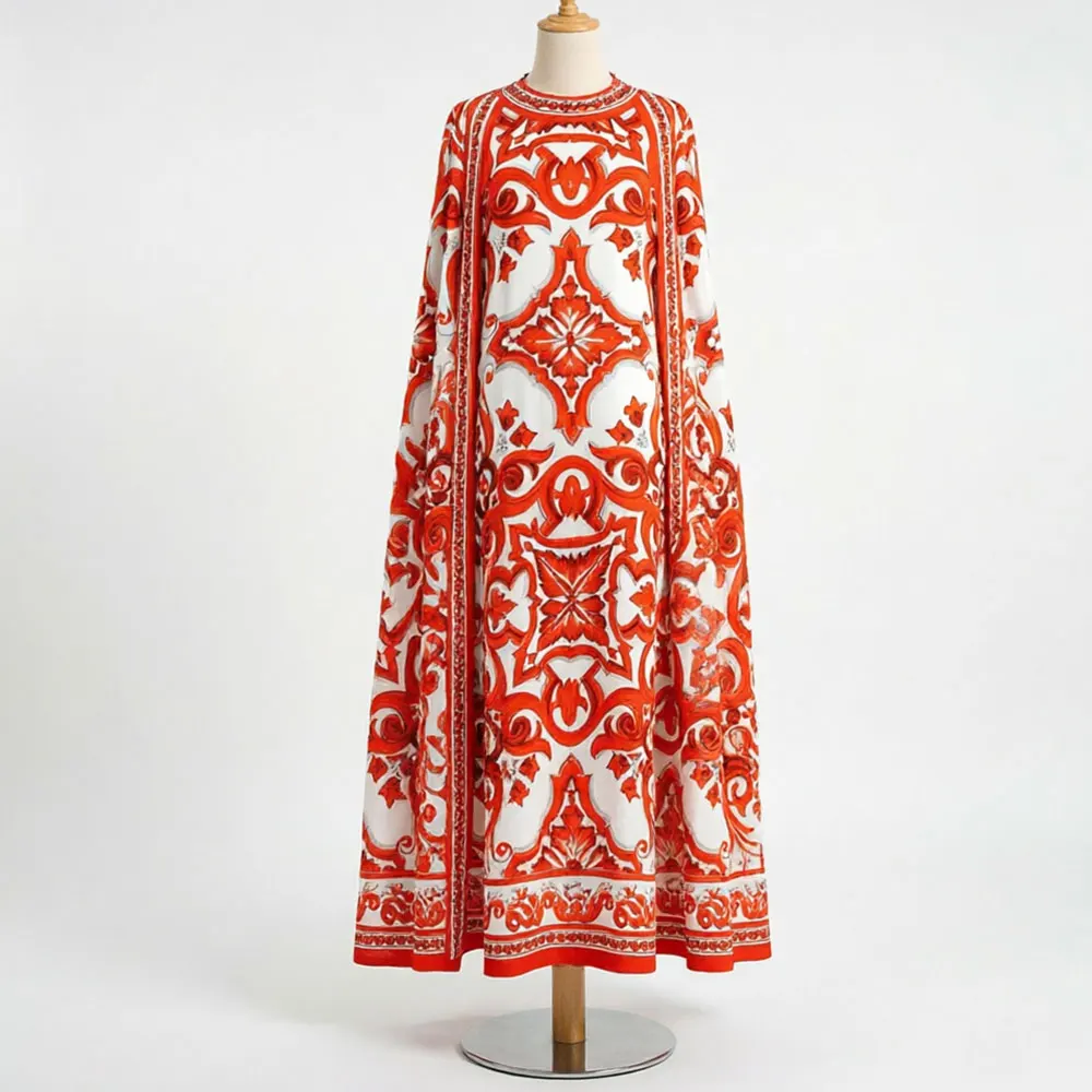 2026 Sommer Neue Damen Rot-Weiß Vintage-Print Locker Geschnittenes Cape-Ärmel Rundhals Maxikleid Boho Strand Urlaub Resort Outfits