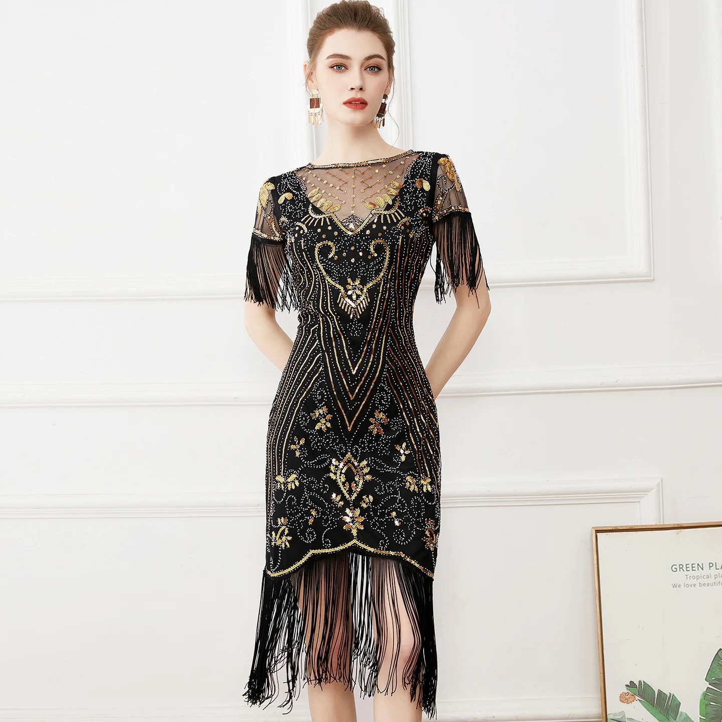 レトロ-920年代-タッセル刺繍ガウン-カクテルパーティー-ボール-大きいサイズ-光沢のあるレディースドレス-合成繊維-ミッドウエスト