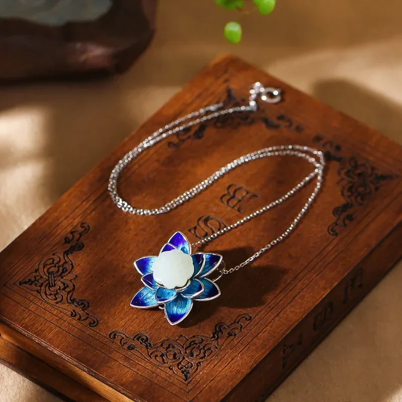 

Classical design 925 Silver Natural Hetian White Jade Enamel Blue Lotus Flower Necklace Pendant Fresh Style Jewelry for Women