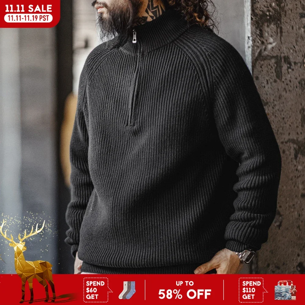 

Maden Vintage Solid Color Warm Knitted Sweater Half-Zip Stand Collar Pullover for Men's Autumn and Winter Versatile Knitwear Top