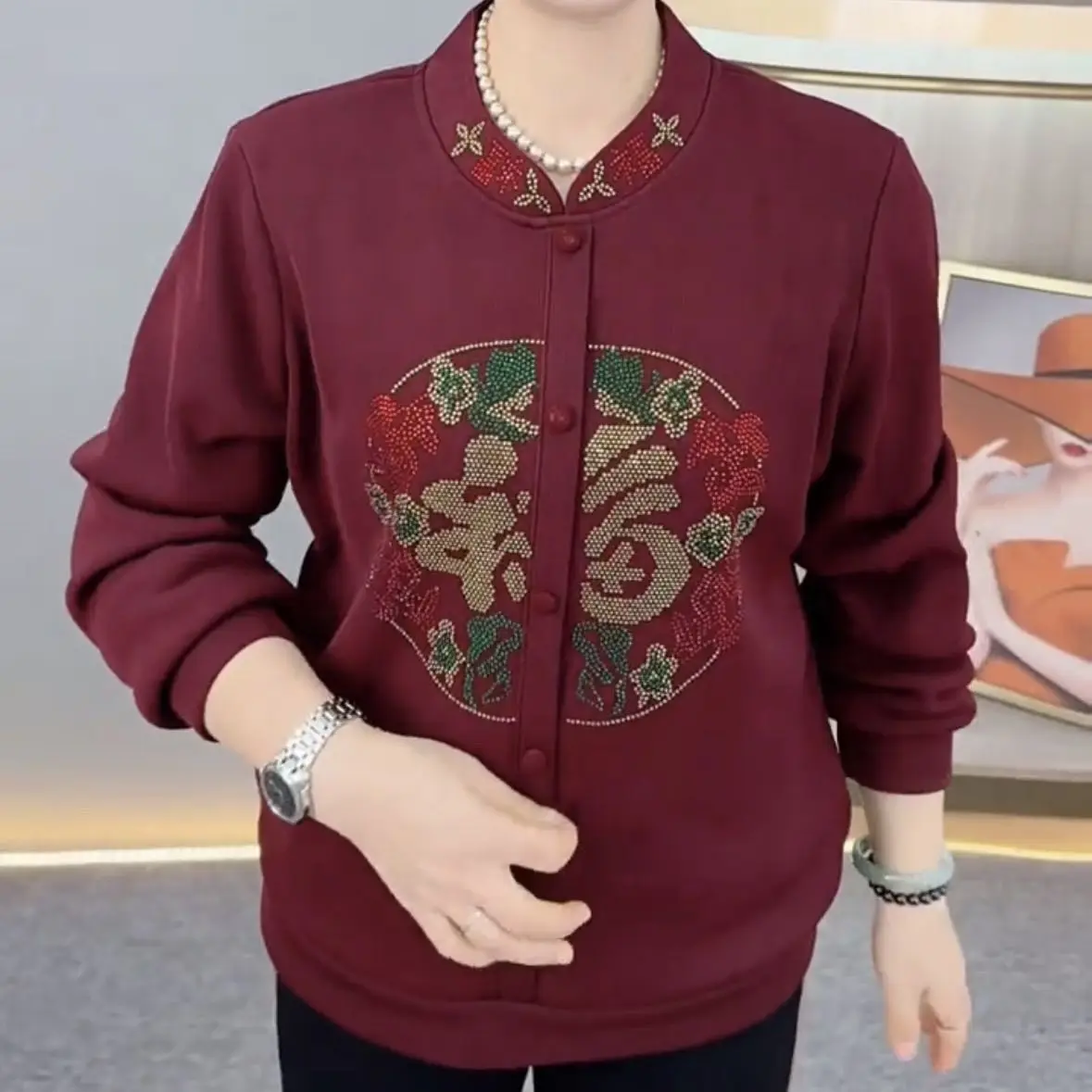 Red Fleece Lined Long Sleeve T-Shirt Women's Design Sensation New Year's Battle Robe Mommy's Winter Fashion Casual Loose Fit ...