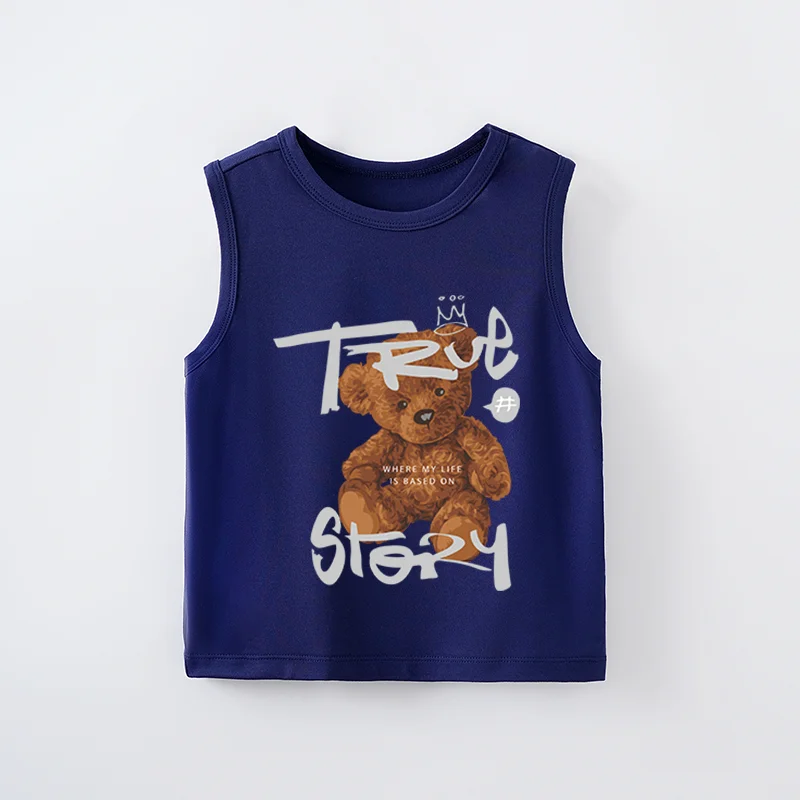 Baby Cute Cartoon Brown Bear Children's Tank Top Boys And Girls Blue Summer Sleeveless T-Shirt Tank Top Preschool T-Shirt