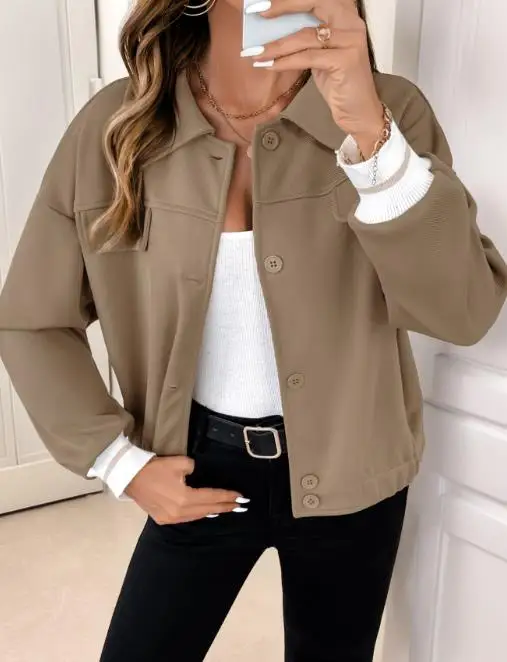 2025 New Autumn and Winter Commuting Casual Simple Style Color Blocked Long Sleeved Lapel Solid Color Jacket for Women