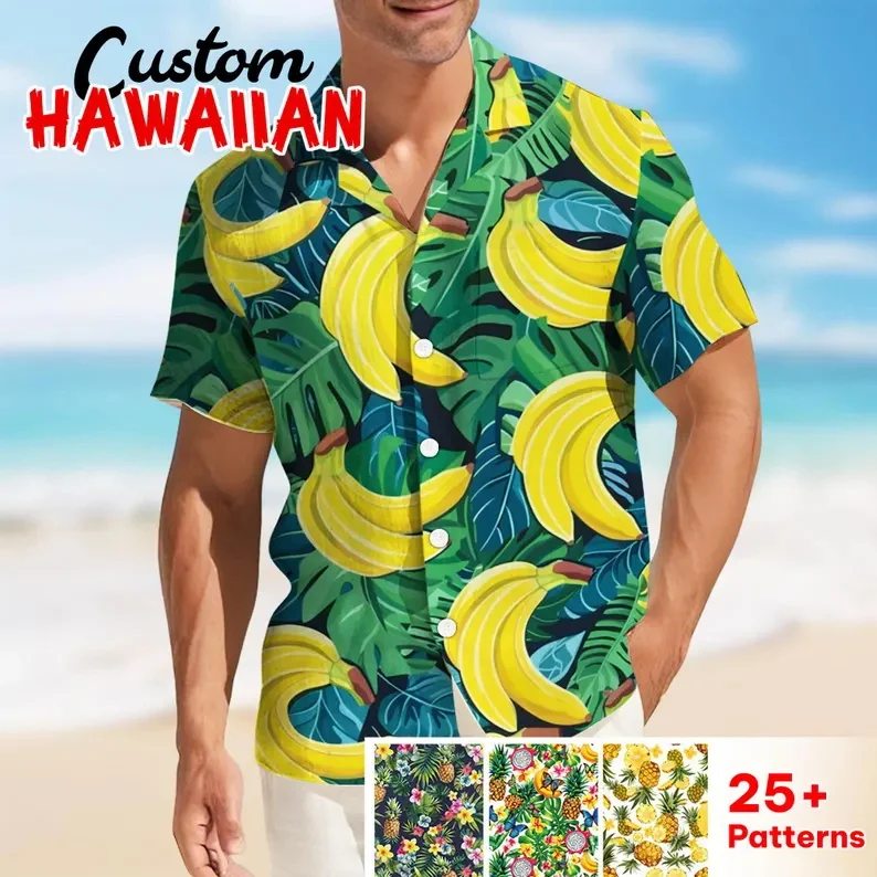 

Мужская гавайская рубашка с принтом банановых листьев, повседневная пляжная рубашка с коротким рукавом на пуговицах, рубашка в стиле алоха для отпуска