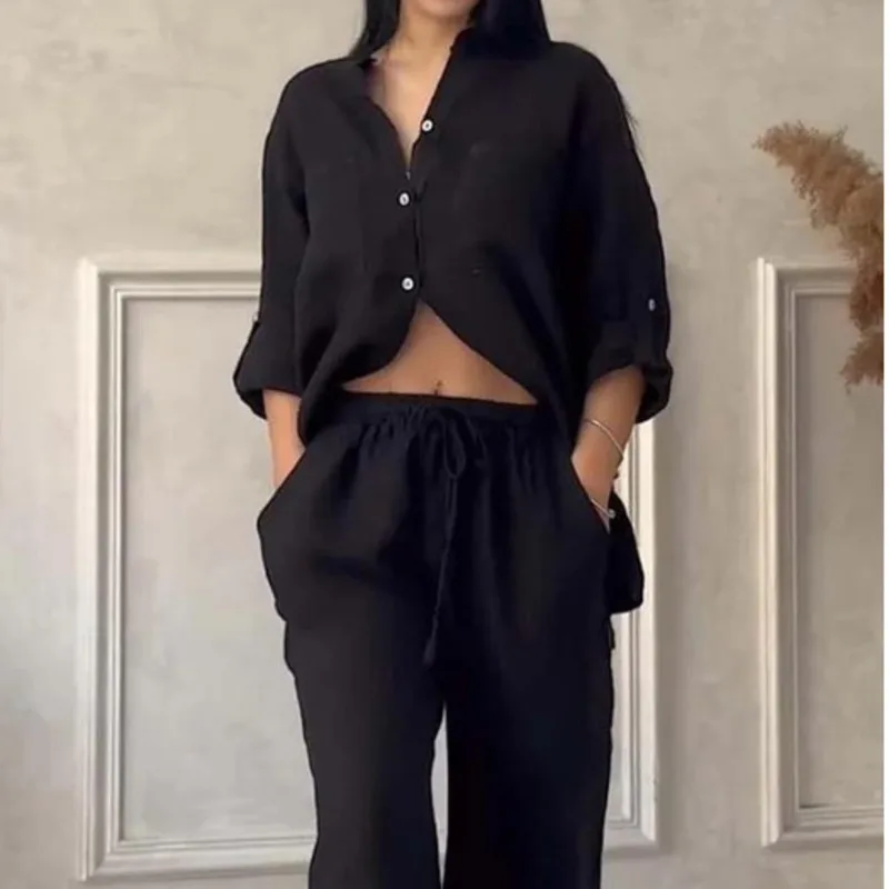 2024 Women's Two-piece Top Pants Casual Cotton and Linen Solid Color Shirt Drawstring Wide-leg Pants Comfortable Family Outfit