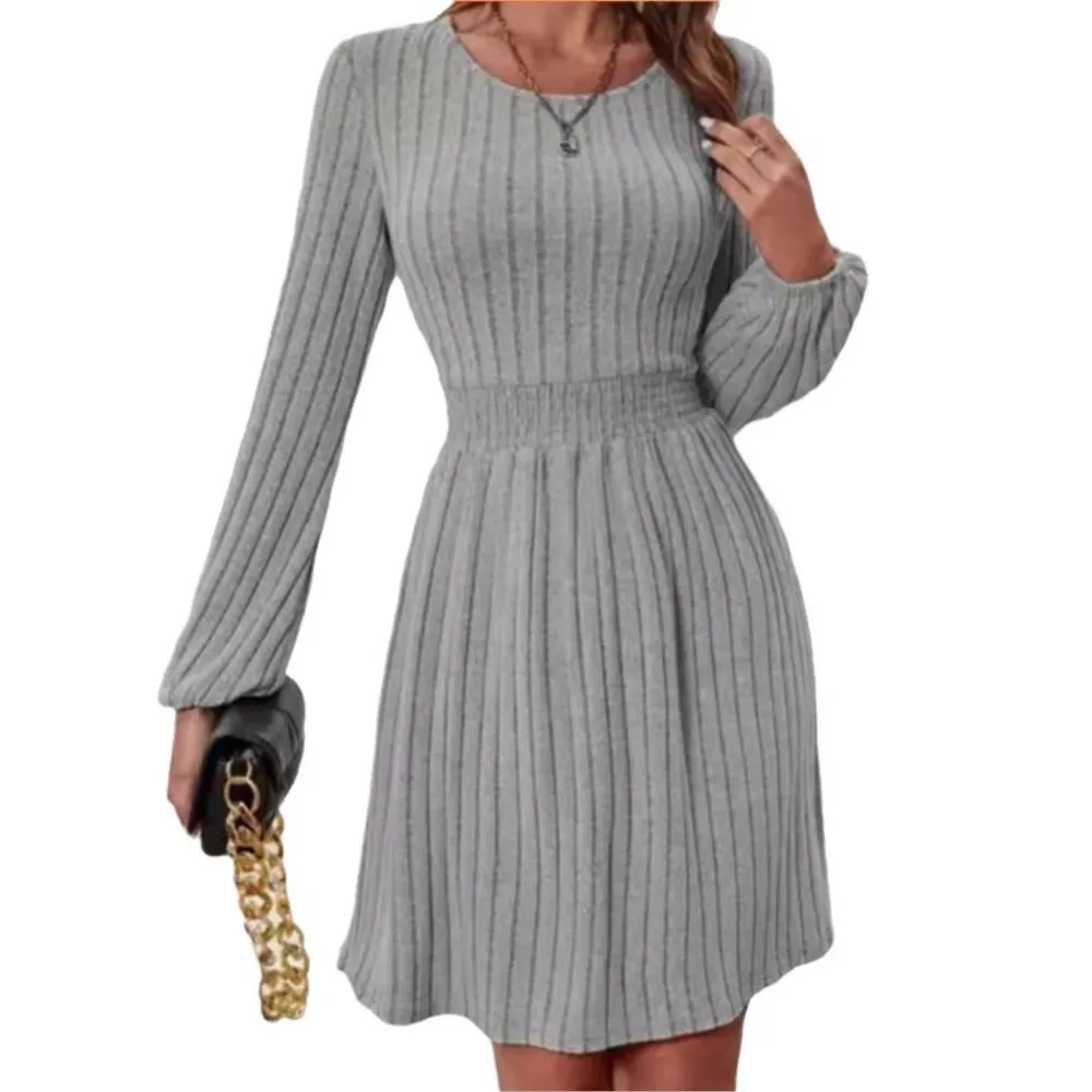 Autumn  Winter New Knitted O Neck Lantern Long Sleeve Women\'s Dresses Fashion Elastic Waist Elegant Female Office Knitted Dress